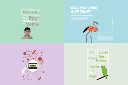 Collection of Filmango with parrot birds and a boy with cassette vector design.