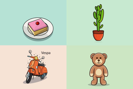 Collection of cake slice pieces With Cute teddy bear and Green Cactus Plant In Vase with motorbike vector illustration.のイラスト素材