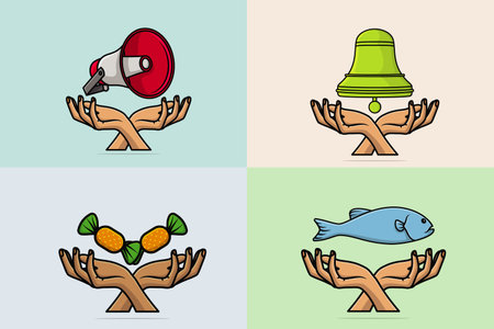 Collection of Green School Bell with Megaphone and Sweet Candy with fish vector design illustration.のイラスト素材