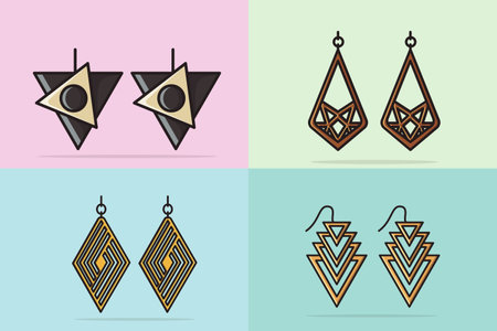 Collection of Women's colorful jewelry earrings vector illustration. Beauty fashion objects icon concept. Elegant women's jewelry decoration in unique style vector design.のイラスト素材