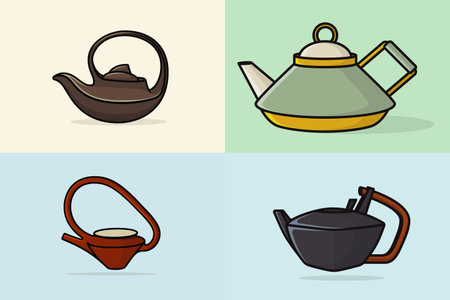 Collection of Tea Kettle vector illustration. Kitchen interior object icon concept. Morning Tea Teapot with closed lid icon design on light orange background.のイラスト素材