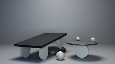 3d rendering of a black table and three balls on a gray backgroundの写真素材