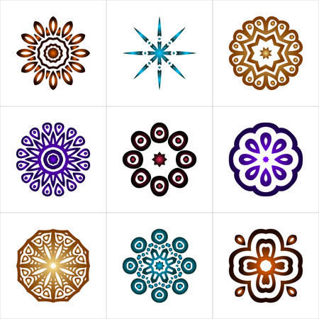a square grid showing nine colorful floral and geometric designs against a plain white background spaceのイラスト素材