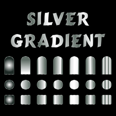 image shows silver gradient text and shapes demonstrating gradient variations on a black background designのイラスト素材