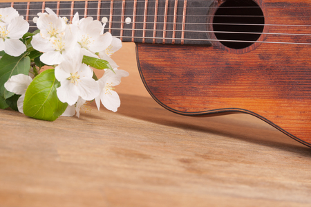 Old acoustic guitar and spring flowers on the tableの写真素材
