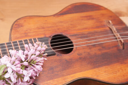 Old acoustic guitar and spring flowers on the tableの写真素材