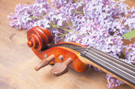 Violin and a bouquet of lilacs on a wooden tableの写真素材