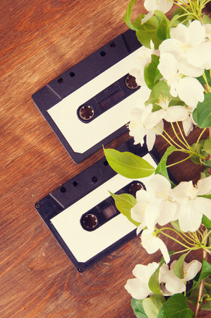 Audio cassette and spring flowers on a wooden tableの写真素材