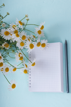 Blank notebook, a pencil and a bouquet of daisiesの写真素材