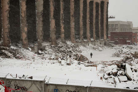 Ruined elevator on a cloudy day with snowfallのeditorial素材