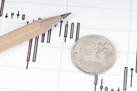 Ruble coin on a graph. Financial up and down trendの写真素材
