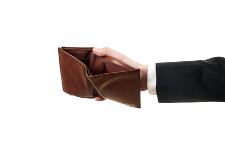 Man showing his empty wallet isolated on white background