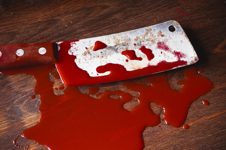 A puddle of blood and rusty knife. Murder.