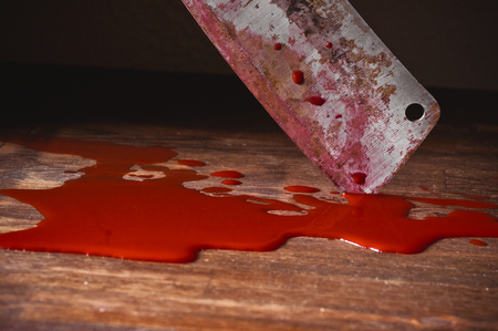 A puddle of blood and rusty knife. Murder.の写真素材