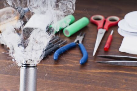 Check RDA. Set to vape. Tools, cotton, liquid, RDA, RTA.の写真素材