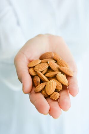 Almonds hold in palmの写真素材