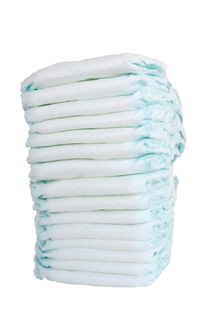 Pile or stack of baby diapers isolated on white backgroundの写真素材