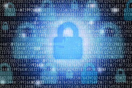 IT security concept with code and locker on blue background