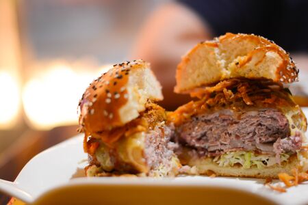 Close-up shot of a Fresh tasty beef burgerの写真素材