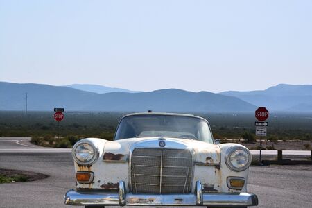 Old or vintage white car on the roadのeditorial素材