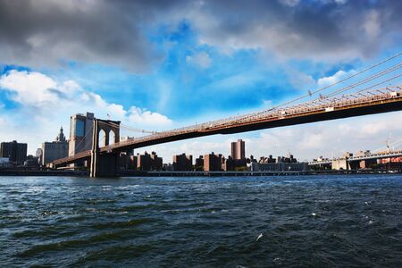 Observation deck overviewing Brooklyn Bridge New York City Manhattanの写真素材