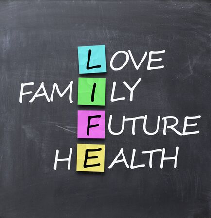 Life acronym on blackboard with colorful sticky notesの写真素材