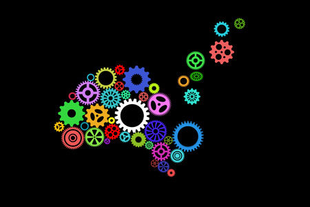Illustration of a human head with spinning gears overflowing its outline, not functioning properly, suggesting  Alzheimer disease  or memory lossの写真素材