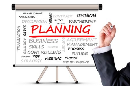 Planning word cloud on whiteboard with business man handの写真素材