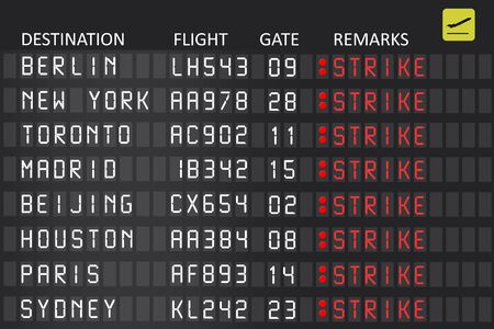 Airplane pilots strike displayed on airport panelの写真素材