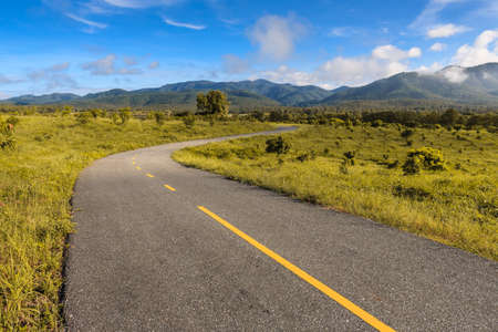 Beautiful countryside road in green field under blue sky