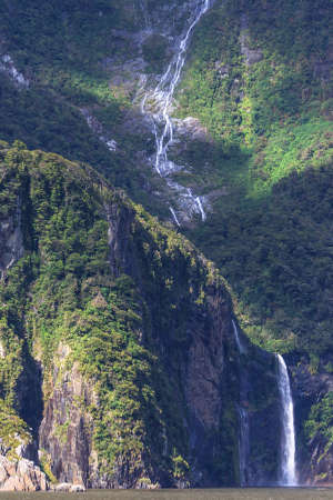 A small waterfall at Milford Sound, New Zealandの写真素材