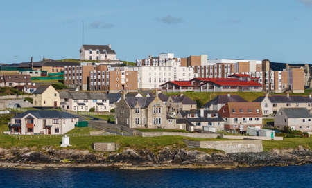 Lerwick town center under blue sky, Lerwick, Shetland, Scotland, United Kingdomの写真素材