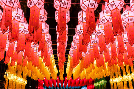 Northern Thai Style Lanterns at Loi Krathong  Yi Peng  Festival, Chiang Mai, Thailandの写真素材