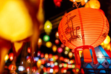 Beautiful international lantern illuminating in night time, Chiang Mai, Thailandの写真素材