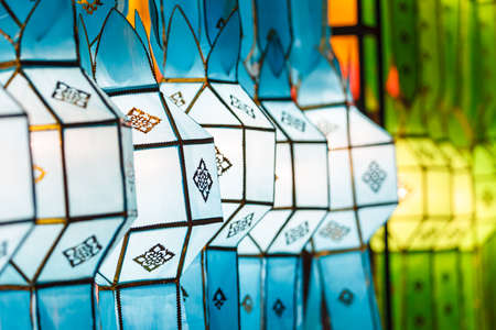 Beautiful international lantern illuminating in night time, Chiang Mai, Thailandの写真素材