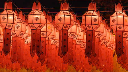Northern Thai Style Lanterns at Loi Krathong (Yi Peng) Festival, Chiang Mai, Thailandの写真素材