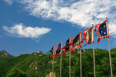 Ancient military flags at the Great Wall of Chinaの写真素材