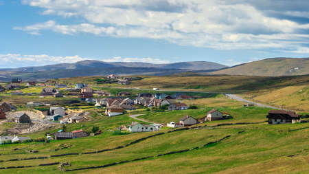 Lerwick town center under blue sky, Lerwick, Shetland, Scotland, United Kingdomの写真素材