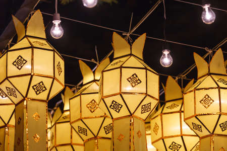 Northern Thai Style Lanterns at Loi Krathong (Yi Peng) Festival, Chiang Mai, Thailandの写真素材