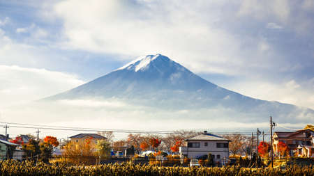 Mt. Fuji view from kawaguchi-ko lake village in autumn season, Yamanashi, Japanの写真素材