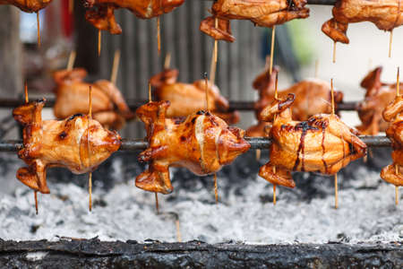 Roast whole chicken on rotating charcoal stove [selected focus at middle frame]の写真素材