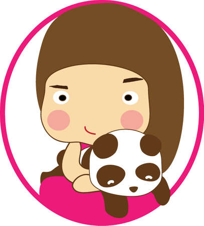long brown hair little girl in pink dress carry pandaのイラスト素材