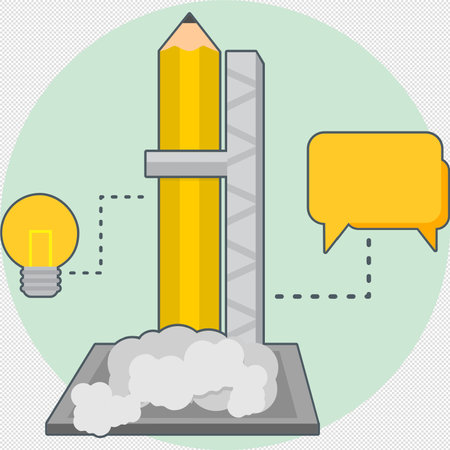 Flat design vector illustration concept of start up rocket with pencil and speech bubble.のイラスト素材