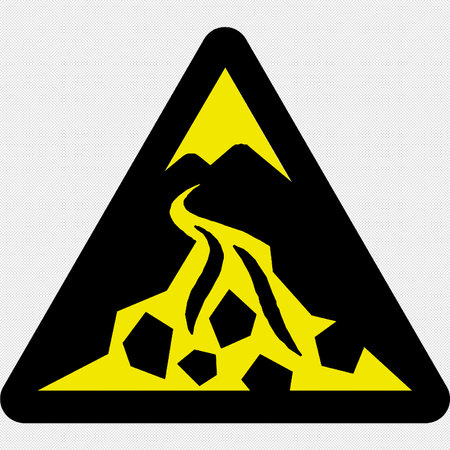 Warning sign with volcano icon. Vector. Black icon on a white background. Isolated.のイラスト素材