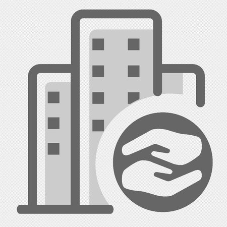 Building and human hand vector icon. Illustration isolated for graphic and web design.のイラスト素材