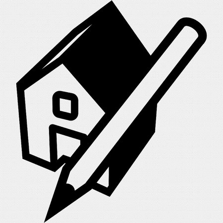 Pencil and House Icon. Vector Black Icon Isolated on Black Backgroundのイラスト素材
