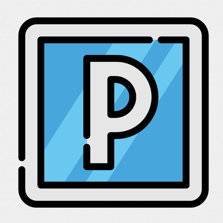 Parking sign illustration. Blue square icon with black contour on a gray background.のイラスト素材