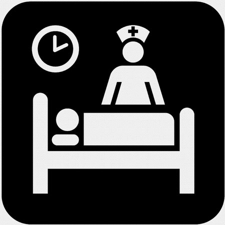 Nurse and patient in bed. Vector icon. White icon on a black button.のイラスト素材