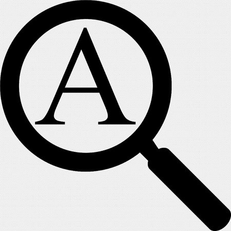 Magnifying glass with letter A. Black icon on a gray backgroundのイラスト素材