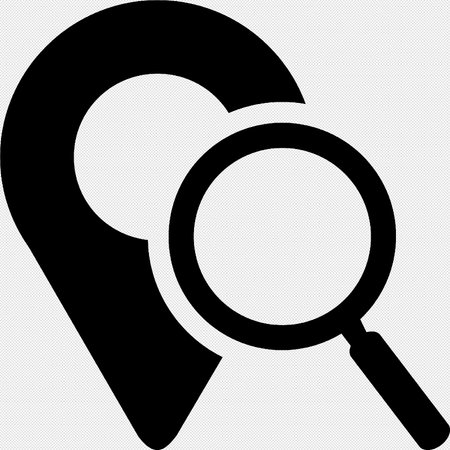Magnifier and map pointer icon. Vector. Black icon on a white background. Isolated.のイラスト素材